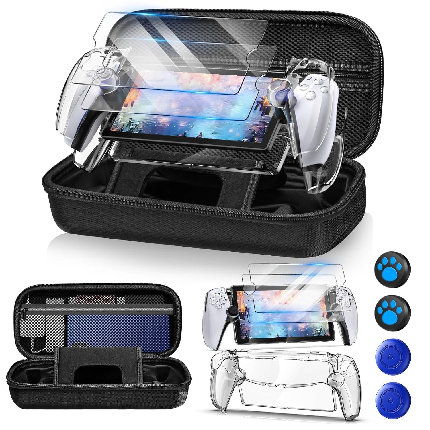 12 in 1 Accessories Set for Playstation Portal Remote Player, Hard Carrying Case for PS Portal with Clear Skin Case for PS5 Portal, 2 Screen Protector with 4 Thumb Grip
